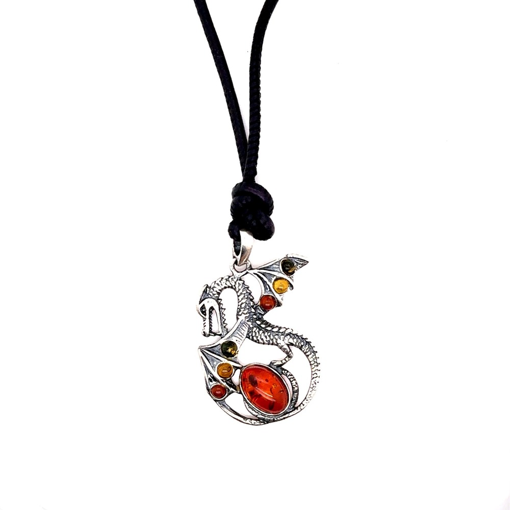 Baltic Amber Dragon Pendant Sterling Silver 925 Cognac Brown 21.5 Inch Necklace